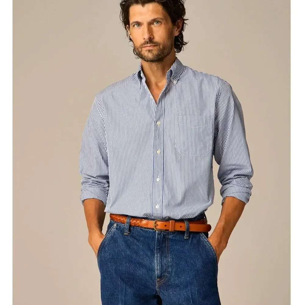 J.Crew Classic Secret Wash Cotton Poplin Shirt Mens M Blue White Striped Button